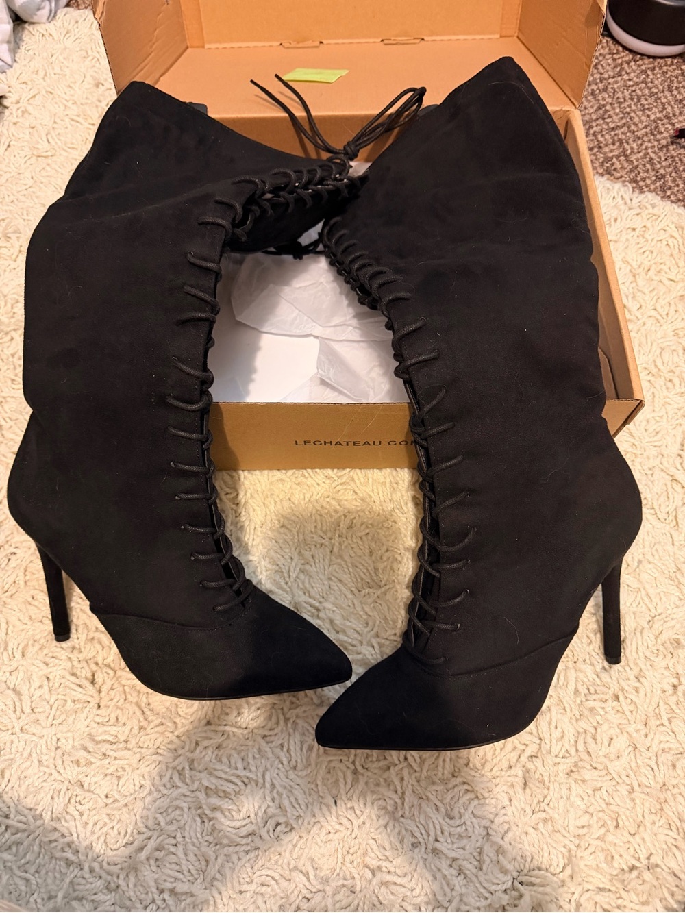 le chateau Black Lace-Up Pointed Toe High Heel Booties